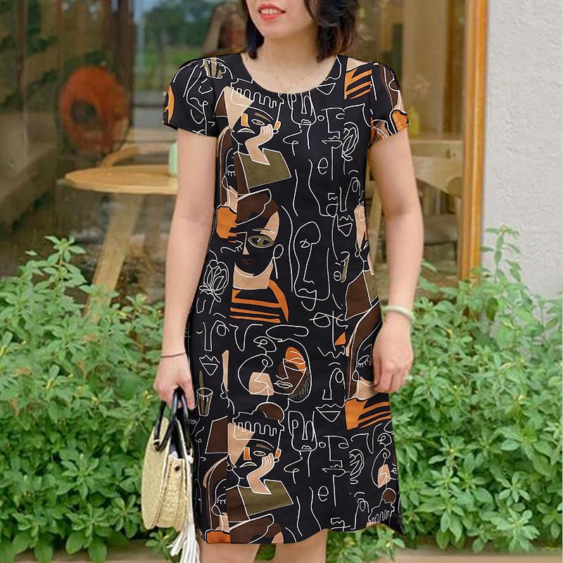 

ZANZEA Женское повседневное летнее платье с круглым вырезом и коротким рукавом с принтом 5XL чёрный