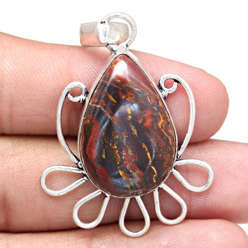 Pendant Iron Tiger's Eye Gemstone Mother'Day Silver Jewelry 1.75"