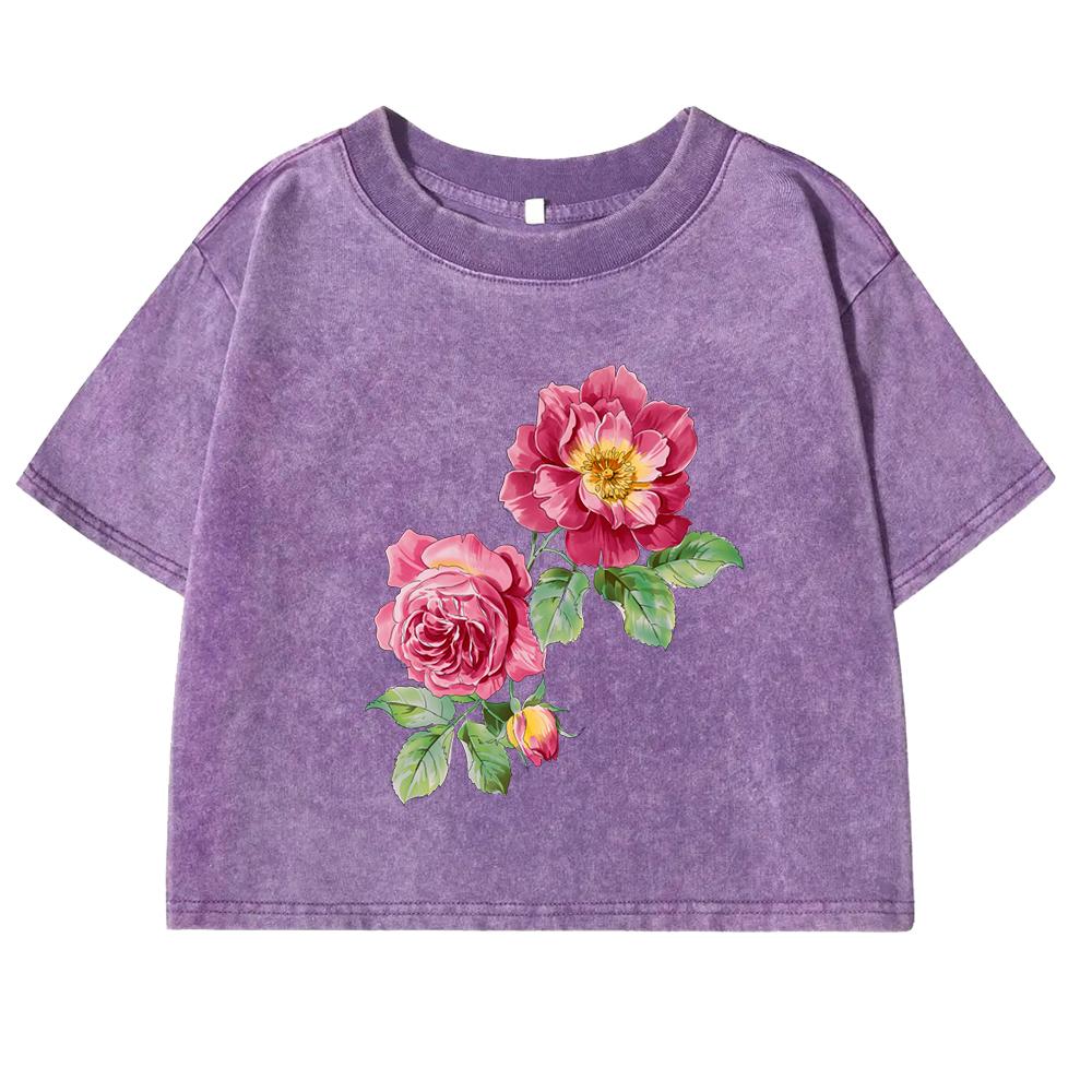 Beautiful Flowers Printing T-Shirt Women Washed Summer Soft Clothing Short Sleeve Streetwear Cotton Crop Top Female
