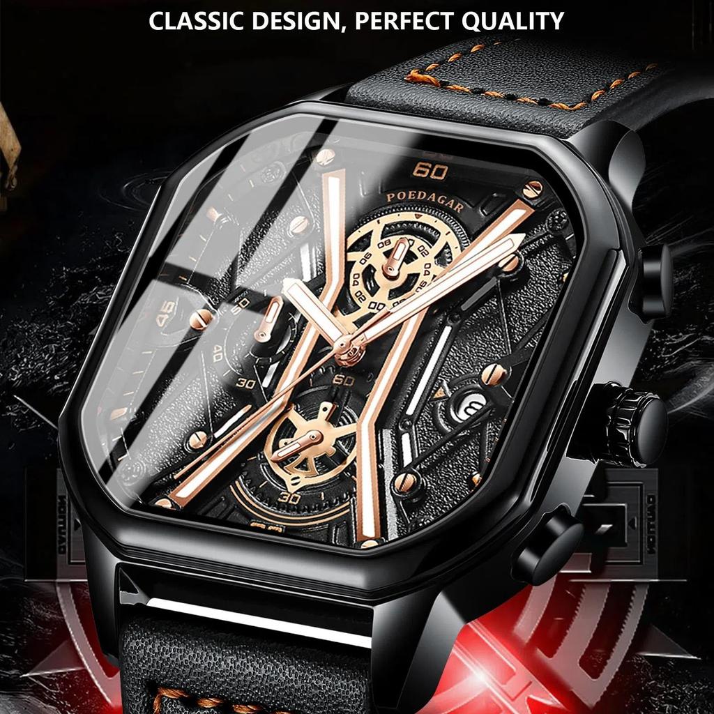POEDAGAR Mode Herren Armbanduhren Luxus Chronograph Leuchtende wasserdichte Datumsuhr Quadratisches Zifferblatt Leder Quarz Business Uhren