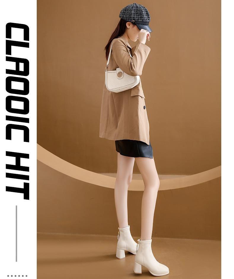 Women's Soft Leather Square Toe Ankle Boots - 2025 Autumn/Winter Velvet Chunky Heel Skinny Boots