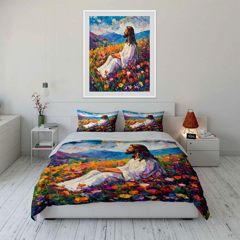 Person meditating in colorful flower field Print Bedding Set 1 Duvet Cover 2 Pillowcases for Adult and Children Luxury Gift