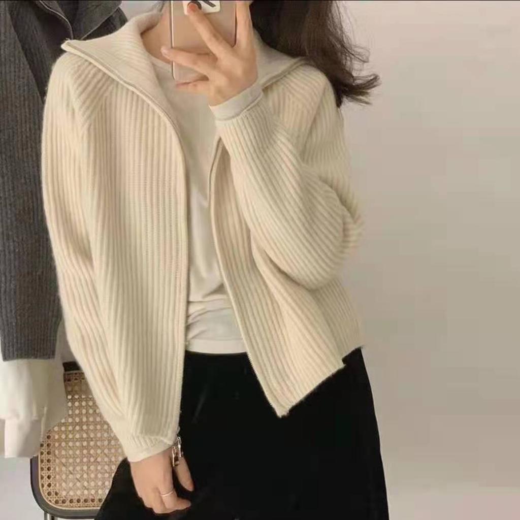 Casual Knitted Cardigan Sweaters Women Autumn Winter Vintage Zip-up Solid Loose Long Sleeve Tops Knitwear Chic Kpop