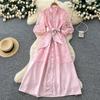 Lace A-word Embroidered Hollow Dress Women's Spring and Summer Long Sleeves Waist Thin Commuter Dress Pink