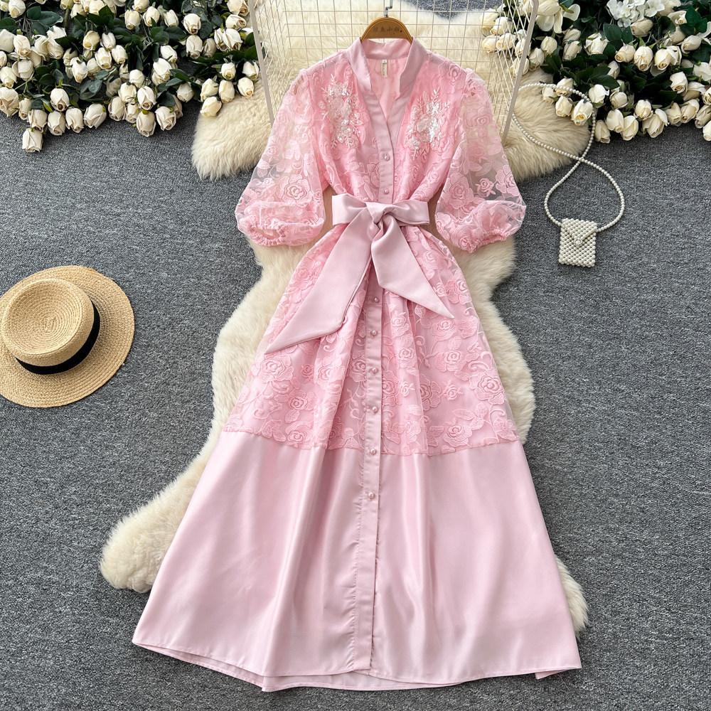 Lace A-word Embroidered Hollow Dress Women's Spring and Summer Long Sleeves Waist Thin Commuter Dress Pink