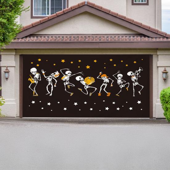 7 X 16ft Halloween Garage Door Cover Large Skeleton Graveyard Hanging Backdrop Door Banner for Halloween Yard Front Porch Wall Decoration