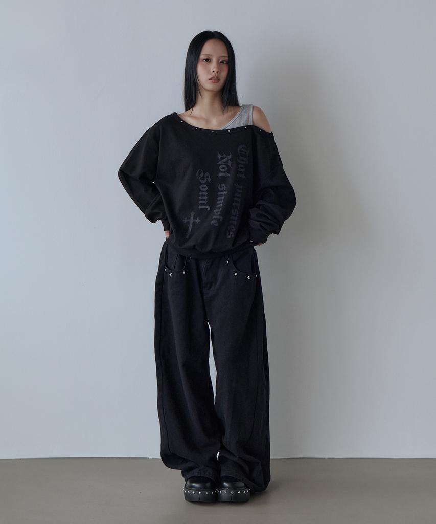 5OML Studded One-Off Shoulder Sweatshirt (Black)