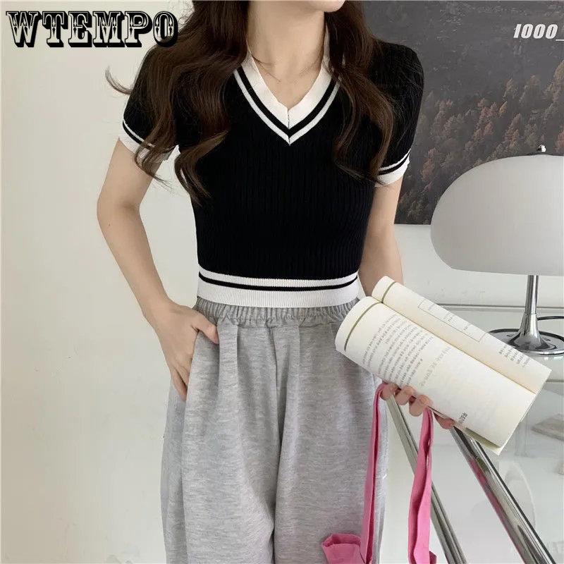 WTEMPO Dame V-hals Kortermet Stripete T-skjorter Dame Chic Vintage Sommer Ins Koreansk Strikket Slim Cropped Topper