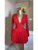 Women's French Style V-Neck Pleated Dress with Waist-Cinching Long Sleeves