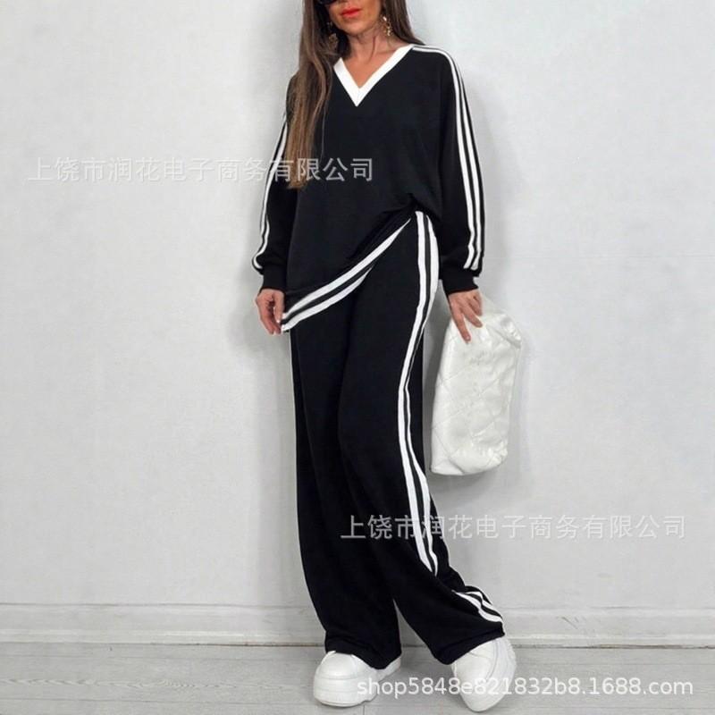 1116 trendy brand spring and autumn new fashion casual V-neck striped trousers long-sleeved crew neck suit women's clothing