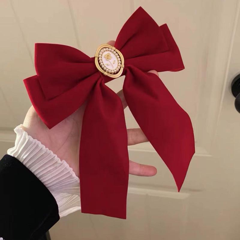 French Retro Red Velvet Oversized Bow Hair Clip for Women - Autumn/Winter Edition