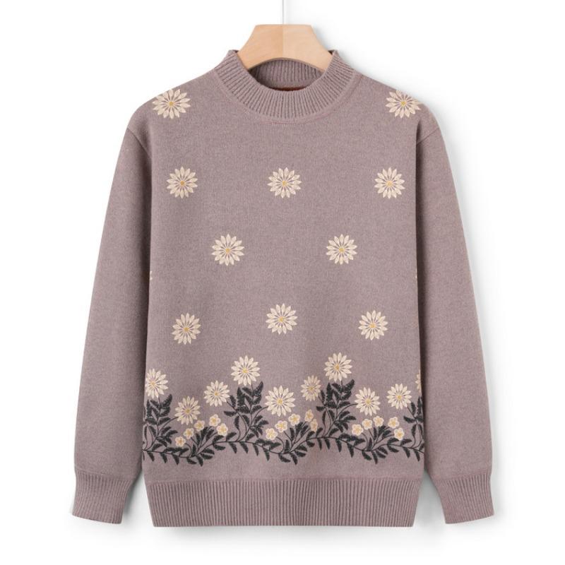 Mom Autumn Warm Sweater Elderly Autumn and Winter Integrated Fleece Knitted Sweater Grandma Fleece Thickened Casual Top