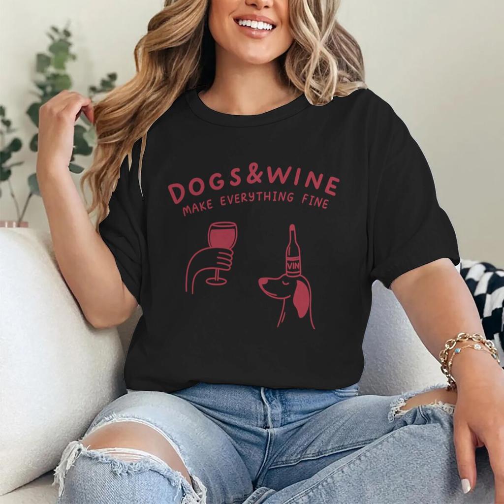 Hunde Und Wein Machen Alles Gut Lustige Vintage Grafik T-Shirts Tier Shirt Mode Hundemama T-Shirts Geschenke Damen Y2K Oberteile