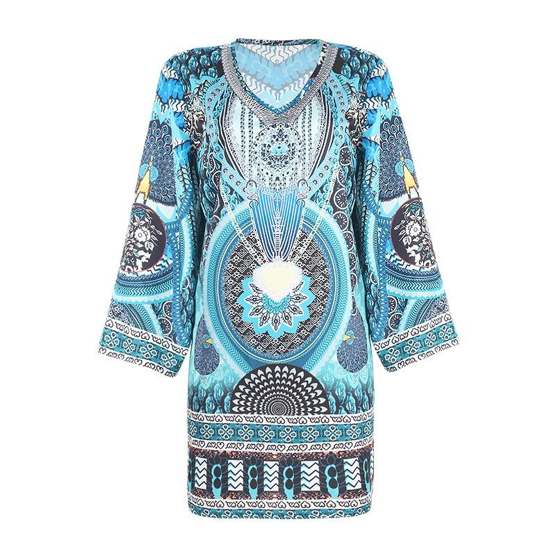 Spring and Autumn Women's Ethnic Style Printed Long-sleeved V-neck Casual Dress