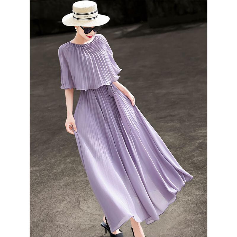Lansere Elegant Pleated Cape Sleeve Maxi Dress L