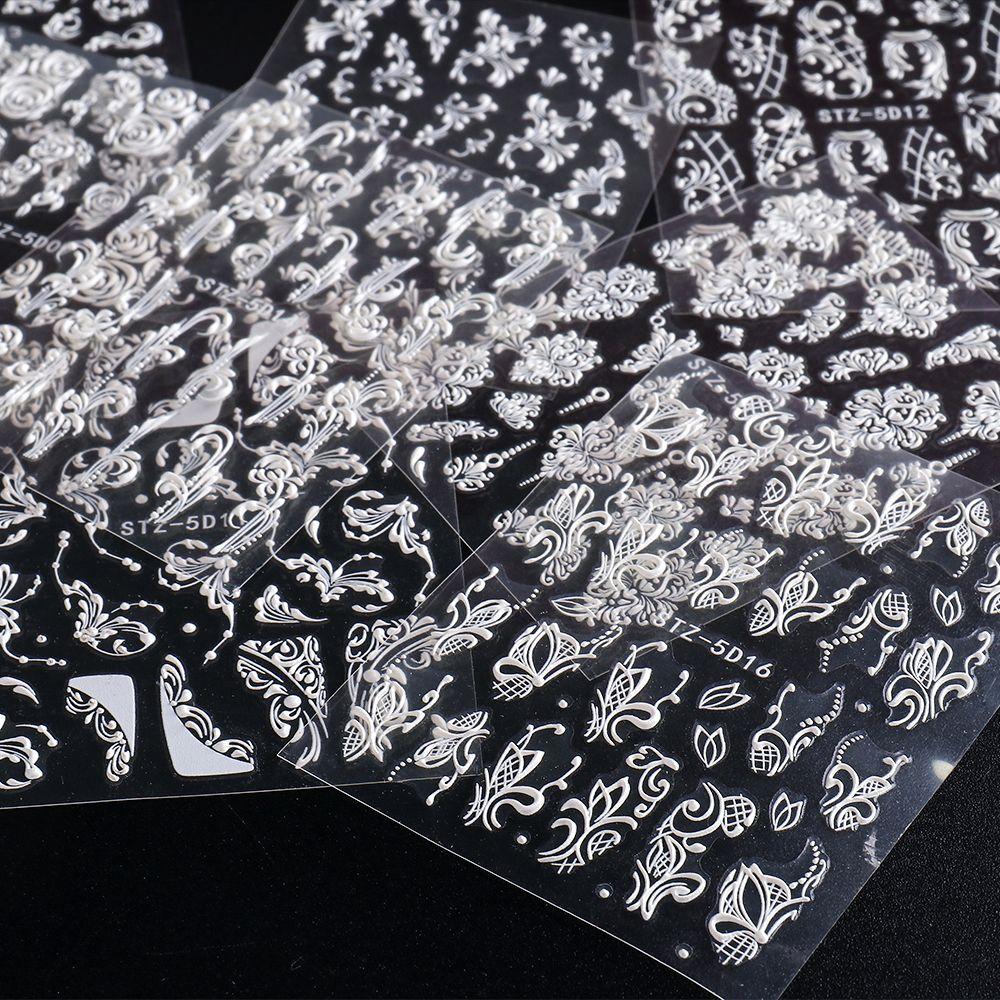 DIY Manicure French Embossed Flower Lace White 5D Acrylic Wedding Design Nail Stickers