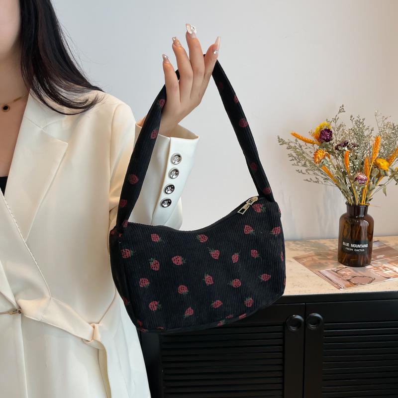 Korean-Style Strawberry Print Corduroy Handbag - 2025 Autumn Collection