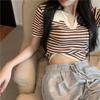 Sommer Frauen Gestrickte Polos kurzarm Hohe Taille Dünne T-shirt Eis Seide Polo Kragen Gestreiften T-shirts Schwarz Blau farbe