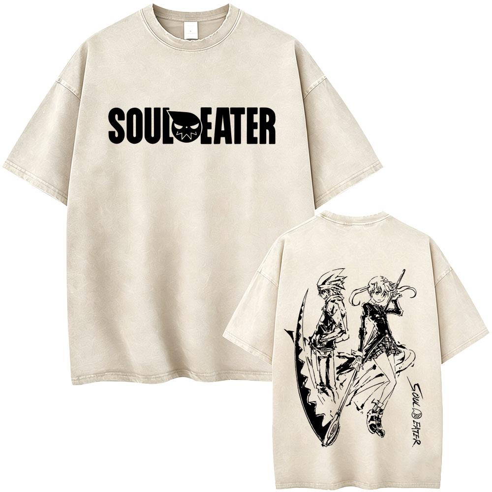 Washed Vintage Anime Soul Eater Maka Albarn Soul Evans Graphic Tshirt Mens Retro Manga T Shirts Men Cotton Oversized Tshirts