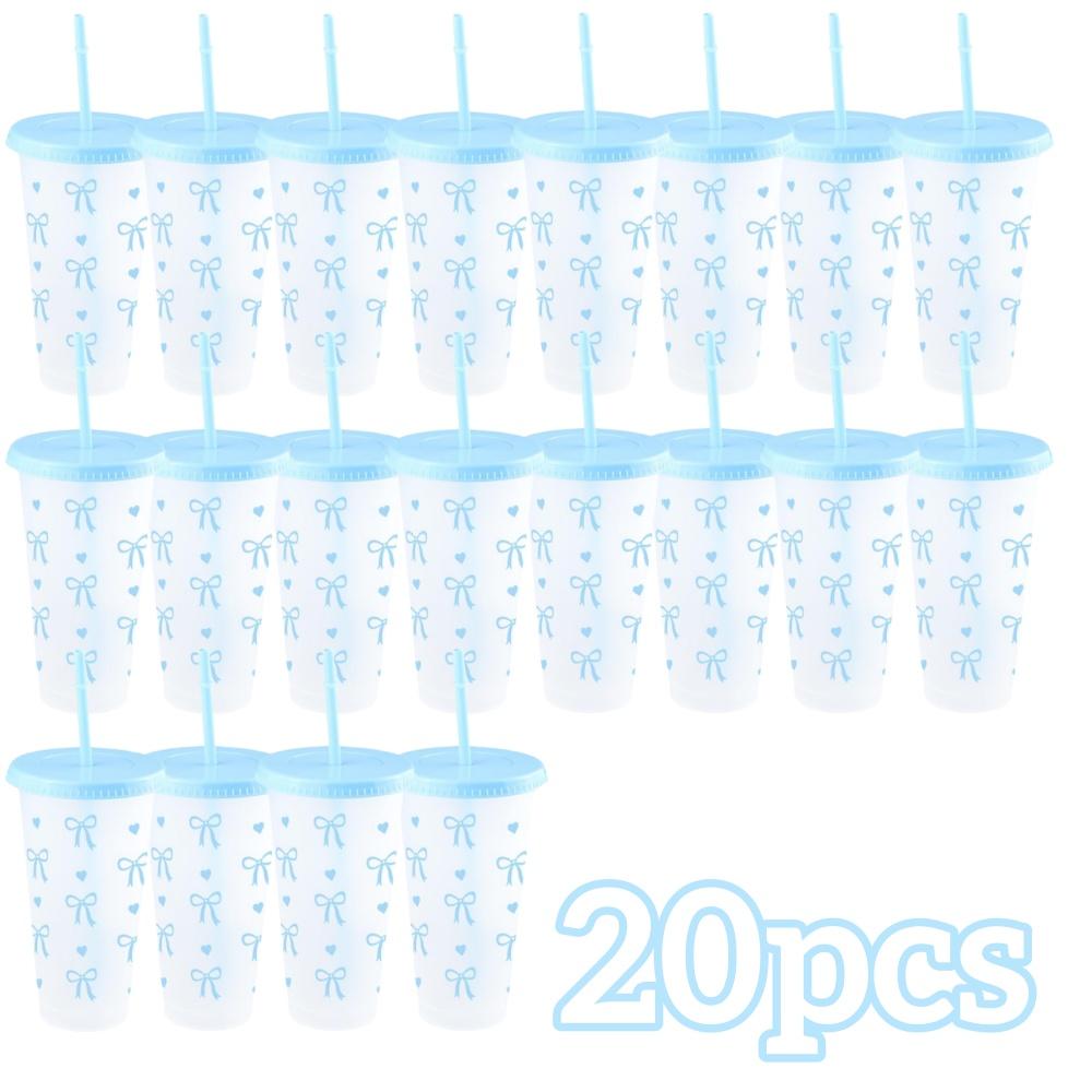 2/20pcs 24oz Reusable Party Cups with Straw & Lid Cute Bow Plastic Tumblers for Cold Drinks Home Office Outdoor Use Summer Gift