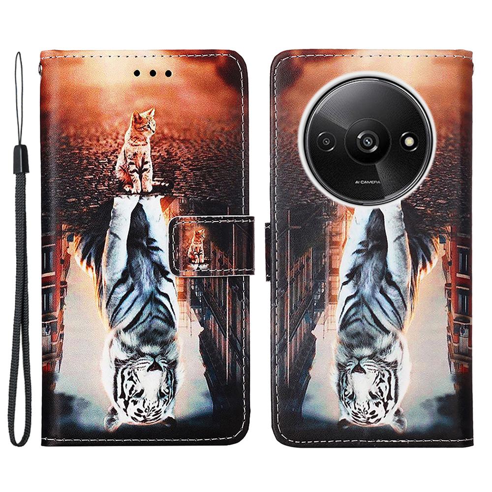 For Xiaomi Redmi A3/Poco C61 4G Leather Case with Strap and Card Holder Pattern Printing Phone Stand Cover