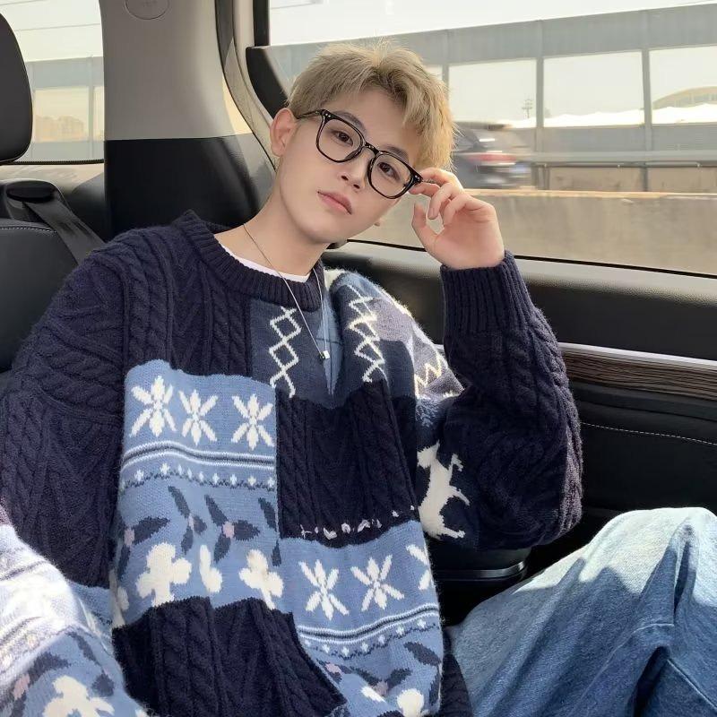 

Men s Retro Patchwork Warm Knit Jacket: Thick, Cozy, Stylish Winter Base Layer 2XL темно-синього кольору