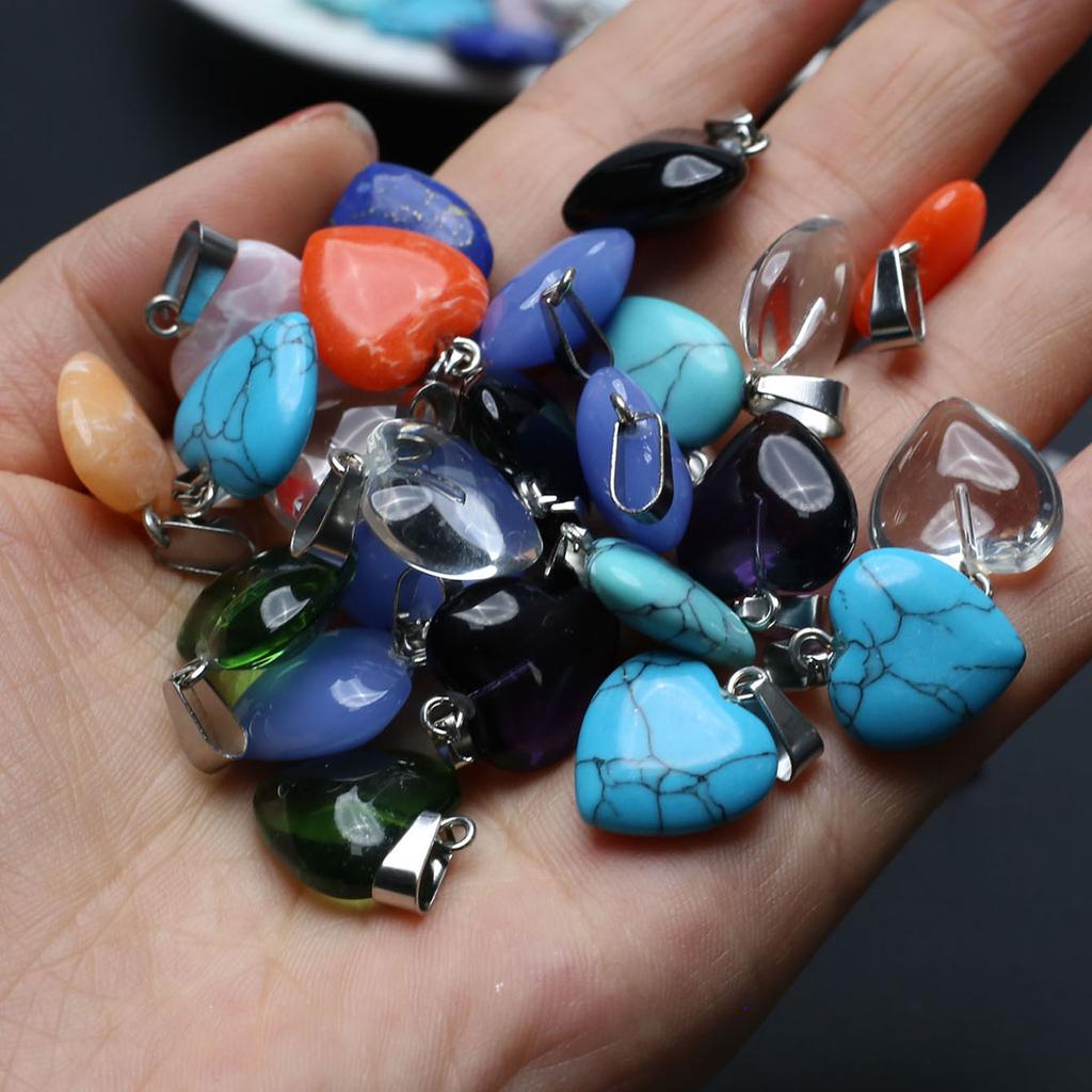 10Pcs, Natural Stone Heart Pendant, Spiritual Healing Crystal Turquoise Agate Amethyst Gems Charms for Jewelry Making DIY Necklace Accessories Crafts
