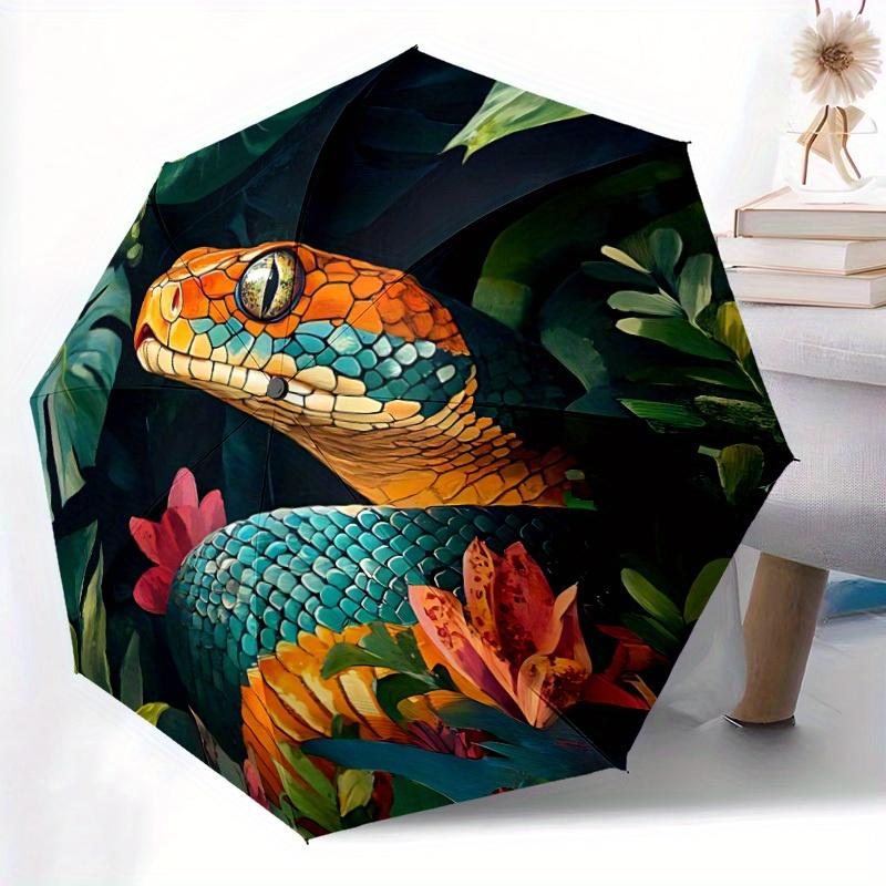 1pc Snake Jungle Automatic Open/close Folding Compact Umbrella, 8-Rib Sturdy Canopy, Lightweight Portable, Everyday Use, Gift, Outdoor Umbrella, Trave