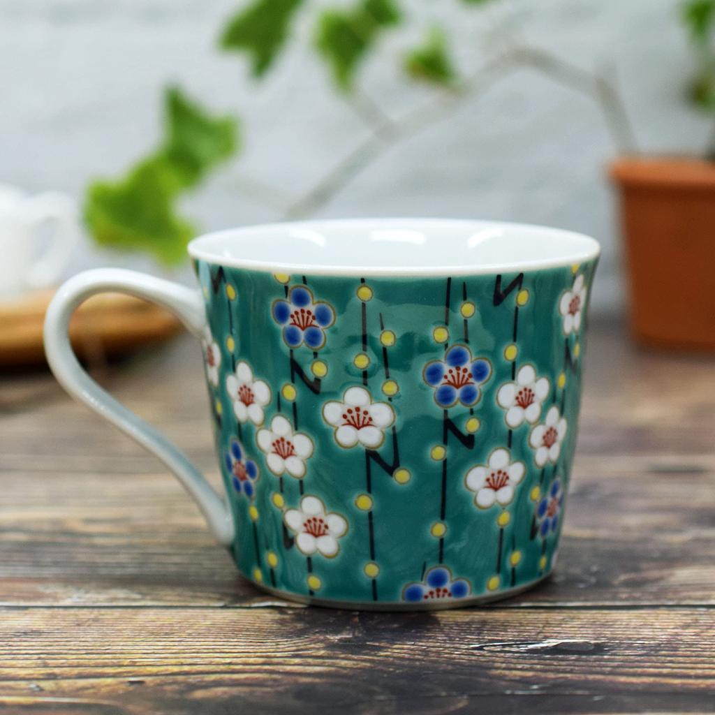 Waza no Kura Kutani Ware Mug, Plum Blossom Design, High-Quality Pottery, Made in Japan, Perfect as a Gift for 77th Birthdays