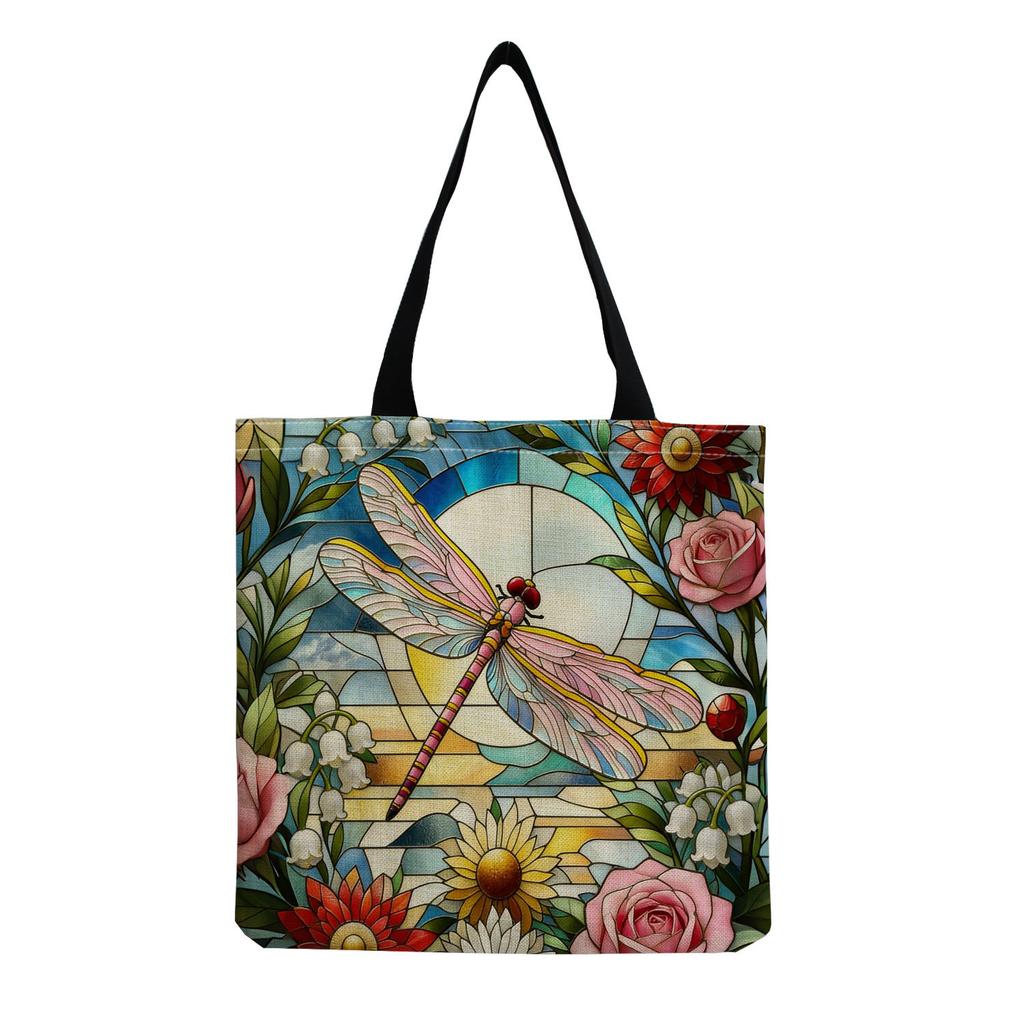 Women Vintage Linen Tote Bag - Large Capacity Dragonfly Print Shoulder Handbag for Casual & Grocery Shopping KTB