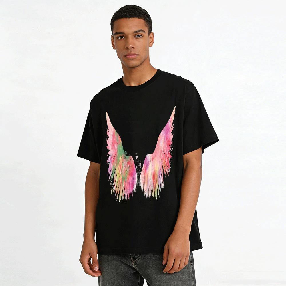 Watercolor Gradient Angel Wings Print Casual Loose Top Pure Cotton T-shirt
