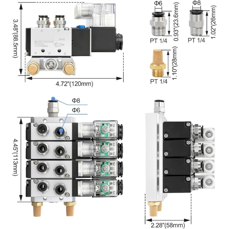 5 Way 2 Position Pneumatic Air Control Solenoid Valves Block Replacement 4 Station Solenoid Valves Manifold Enduring