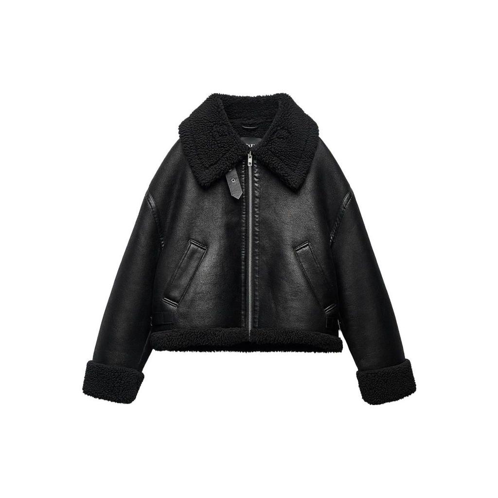 ZARA Women's Black Reversible Faux Leather Biker Aviator Jacket 03548245800-33