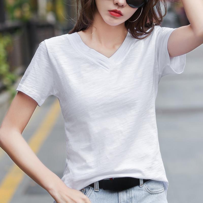 Front Short Back Long Tops Loose Slimming Loose V Neck Mix Cotton Short Sleeved T-shirt Women's Top T-Shirts Women’s