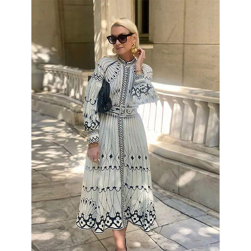 

Long-Sleeve Button up Printed Dress Long sleeve Belt Buckle Print Dress Women As picture 2XL