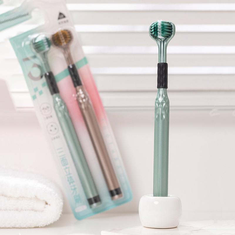 Soft Bristle 3D Triple Head Toothbrush For Adults With Tongue Scraper Home Care Manual Brush