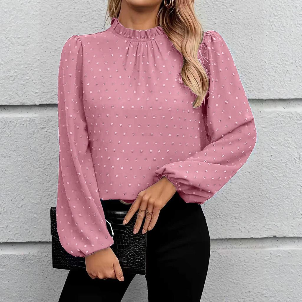 Women's Fashion Casual Polka Dot Pleated Round Neck Long Sleeve Color Top