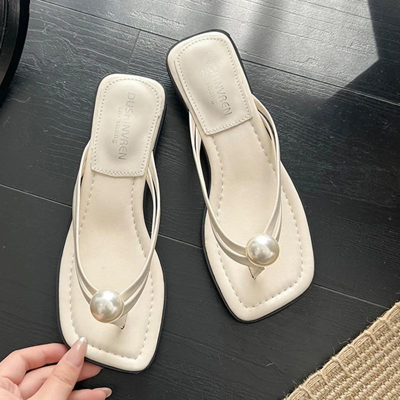 Fashion Bead Designer Women Heeled Slippers Clip Toe Sandals Woman Flip Flops Fashion Slides Summer 2025 New Elegant Sandalias De Mujer