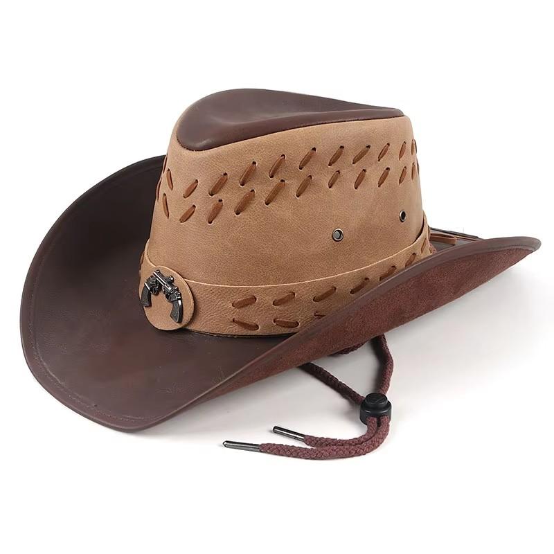 Classic Western Men's Cowboy Hat Women Cowgirl Cap Faux Leather Black Outdoor Gentleman Sombrero Hombre With Windproof Rope