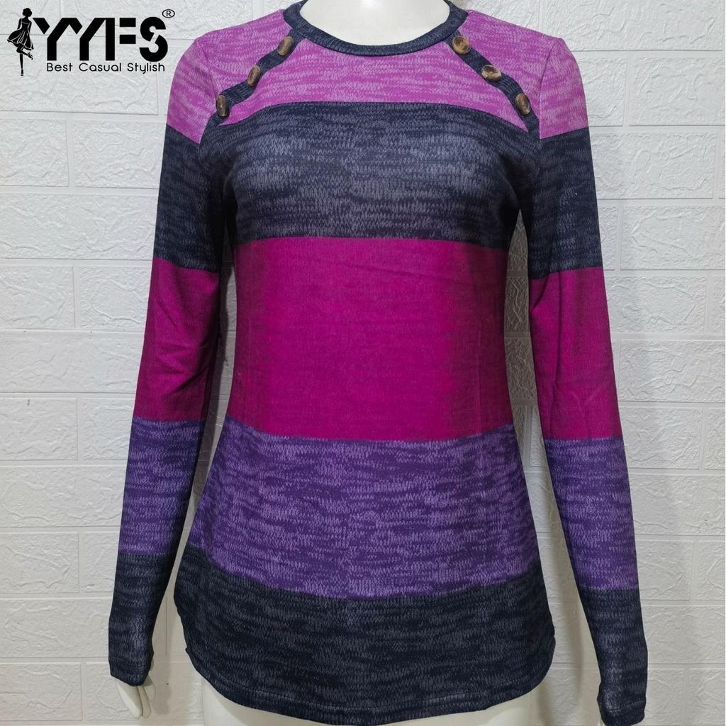 YYFS Women's Fashion Casual Spring Fall Colour Block Print Long Sleeve O-Neck Blouses & Shirts