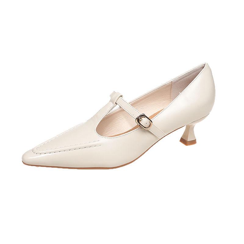 2025 spring new thin heel light mouth Mary Jane high heels pointed solid color one pedal French pointed low heels