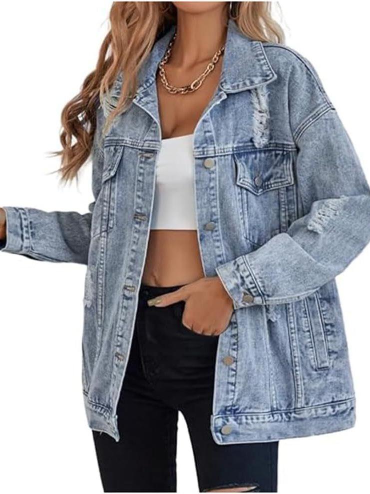 Women's Oversized Ripped Denim Boyfriend Jacket