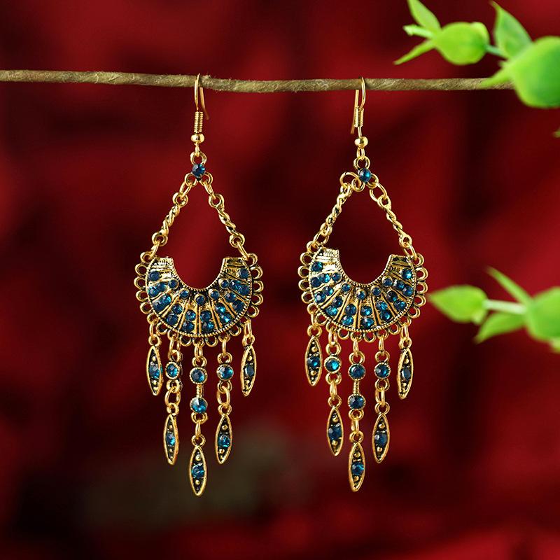 Retro crystal long fringed earrings Bohemian ethnic style personality temperament earrings Women's vacation earrings