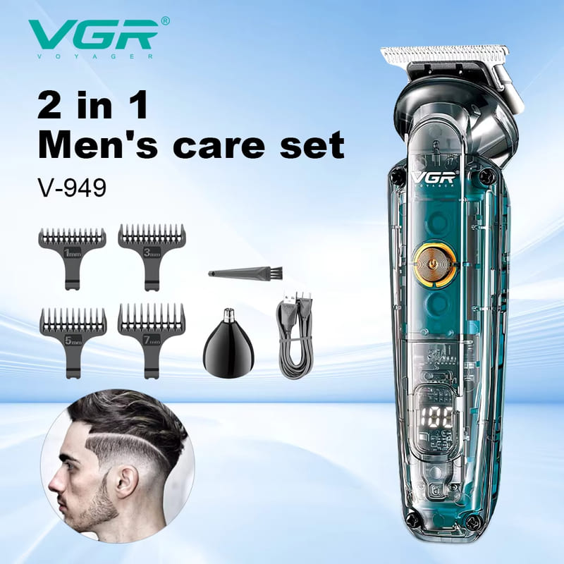 VGR Wireless Hair Clipper Rechargeable Digital Display Hair Clipper Hair Salon Household Waterproof Electric Hair Clipper Transparent Body