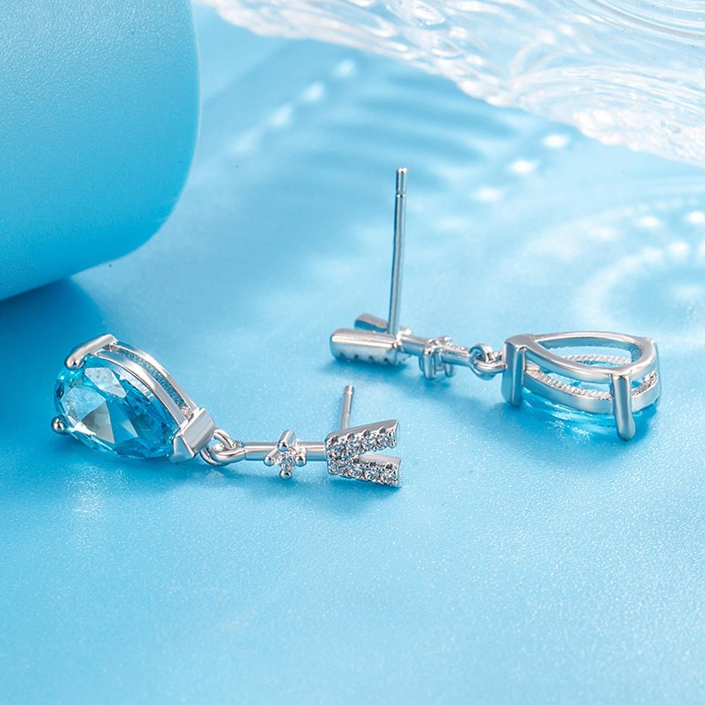 Elegant Female Blue Zircon Charm Silver Color Water Drop Letter V Stud Earrings For Women Vintage Wedding Jewelry