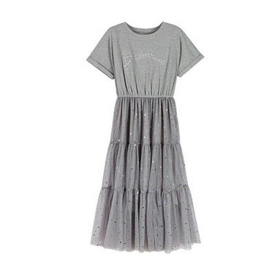 Summer A-line Sequin Mesh Dress - Women's Korean Style with Short Sleeves, Loose Fit, Mid-length, Fairy.