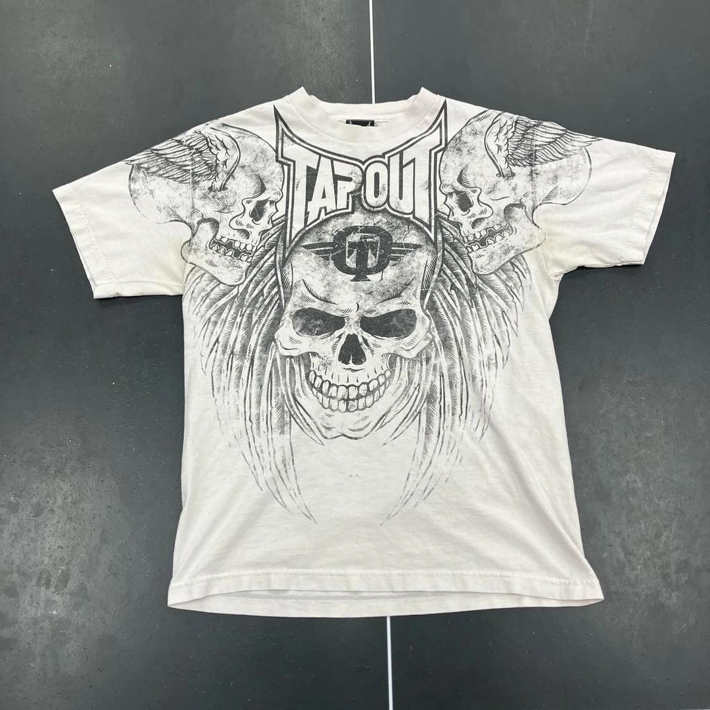 Y2K Tap Out Skull Print T Shirt Dark Aesthetic Round Neck Streetwear Oversized Gothic Cotton Tee Soft Retro Loose