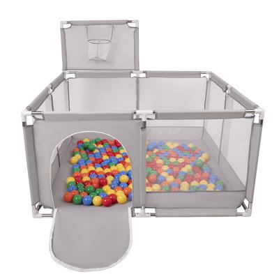 Square Play Pen Filed with 200 Balls Basketball, Grey:yellow/green/blue/red/orange