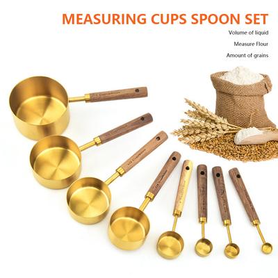 Metal Measuring Cups Set with Wooden Handle Kitchen Measure Cup Spoon Set Stainless Steel Stackable Gold Bar Baking Tools