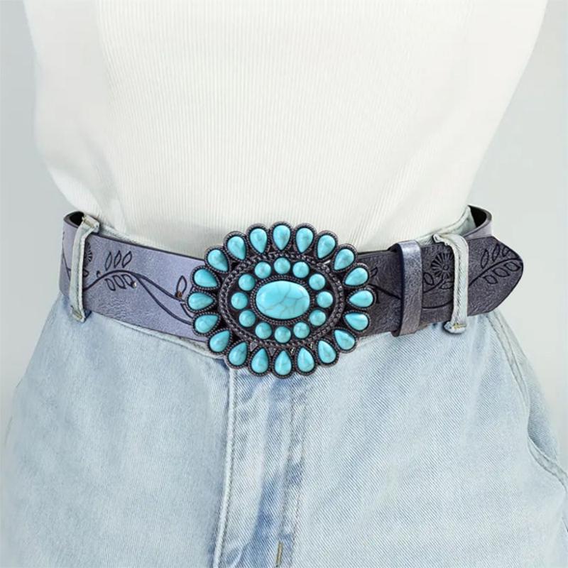 Ladies Wear The Classic Western Belt Embossed Pu Leather Bohemian Style Oval Turquoise Buckle Waist Band
